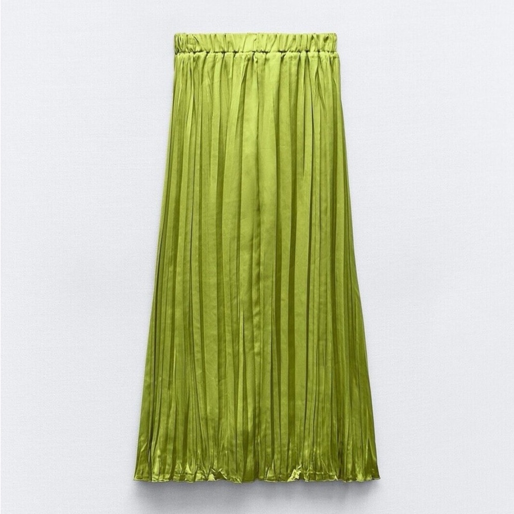 ZARA WOMEN WRINKLED SATIN EFFECT MIDI SKIRTOLIVE GREEN